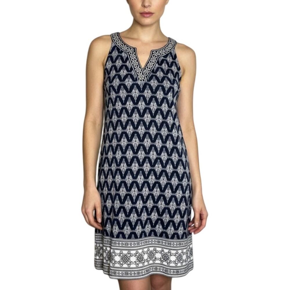 Magnolia Grace Blue Alhambra Embroidered Trim Knit Dress NWT Petite XS